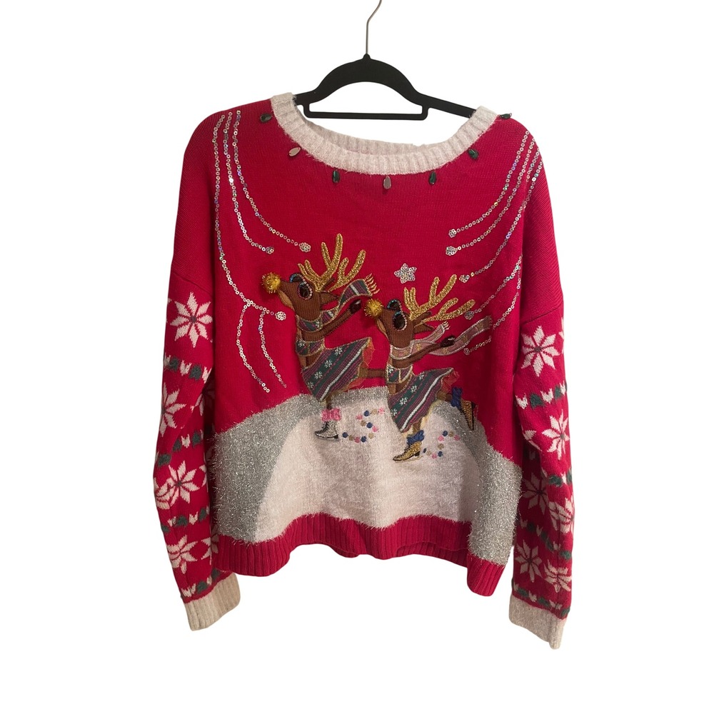 Holiday Time Womens XL Red Ugly Christmas Sweater Reindeer Ice Skating Sequin